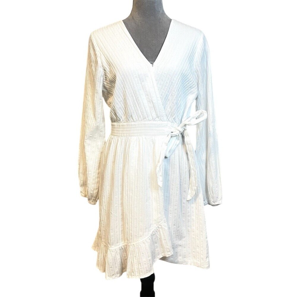 100% Cotton White Wrap Midi Dress L Summer Beach Boho Hippie Vacation